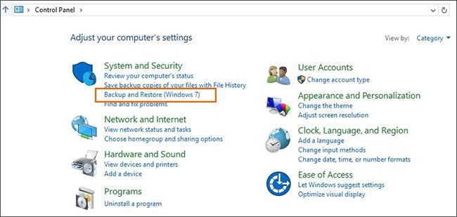 Clique em Backup e restauração do Windows 7