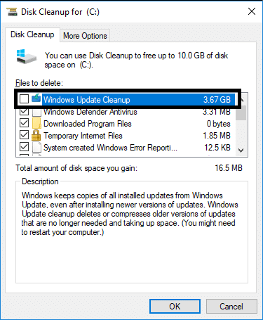 バックアップファイルを保存するWindowsUpdateのクリーンアップオプションを見つけます| Windows10でWinSxSフォルダーをクリーンアップする