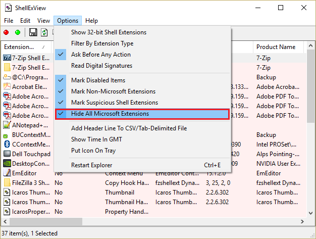cliccate Hide All Microsoft Extensions in ShellExView