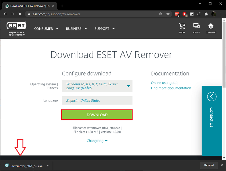 Download ESET AV Removerにアクセスして、インストールファイルをダウンロードします