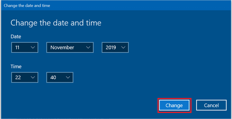 Voer die korrekte datum en tyd in en klik dan op Verander om veranderinge toe te pas.