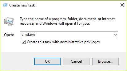 [新しいタスクの作成]にcmd.exeと入力し、[OK]、[OK]の順にクリックします。 Windows10でスタートメニューが機能しない問題を修正
