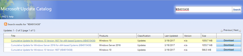 Baixe manualmente a atualização KB4015438 do Catálogo do Microsoft Update
