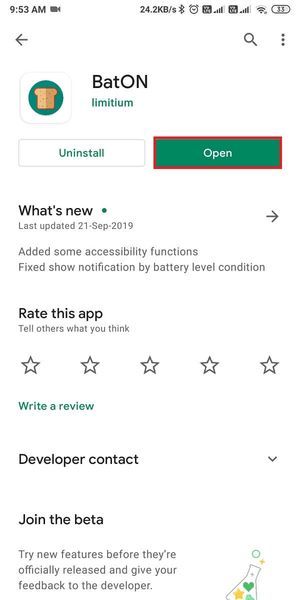 Rendez-vous sur Google Play Store et installez l'application 'BatOn' sur votre appareil. | Comment afficher le niveau de batterie des appareils Bluetooth connectés au téléphone Android