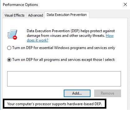 computer supporta hardware basatu DEP