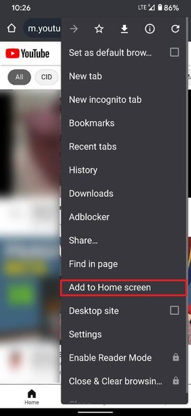 [ホーム画面に追加]オプションをタップします。 | AndroidでYouTube広告をブロックする方法