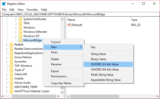 Agora clique com o botão direito do mouse na chave MicrosoftEdge e selecione Novo e clique em Valor DWORD (32 bits).