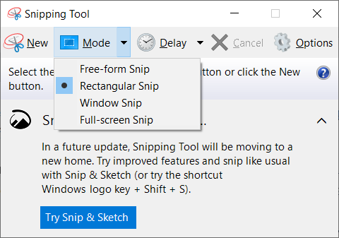 Windows 10SnippingToolのモードオプション