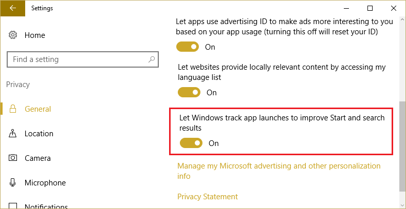Em Privacidade, certifique-se de ativar a alternância para Permitir que o Windows rastreie os lançamentos de aplicativos para melhorar o início e os resultados da pesquisa