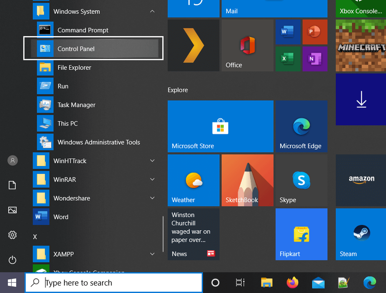 No menu Iniciar do Windows 10, localize o sistema Windows e clique em Painel de controle