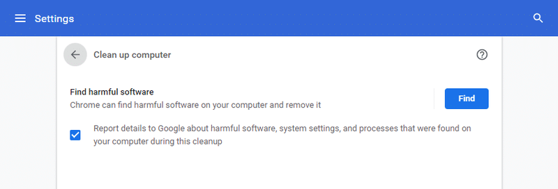 ここで、[検索]オプションをクリックして、Chromeがコンピューター上の有害なソフトウェアを検索して削除できるようにします。 Chromeで動作しないCrunchyrollを修正する方法