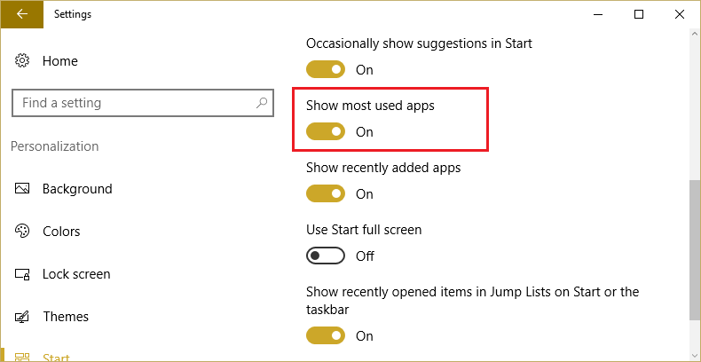 Certifique-se de ativar a alternância ou ativar o recurso Mostrar aplicativos mais usados ​​na configuração de personalização