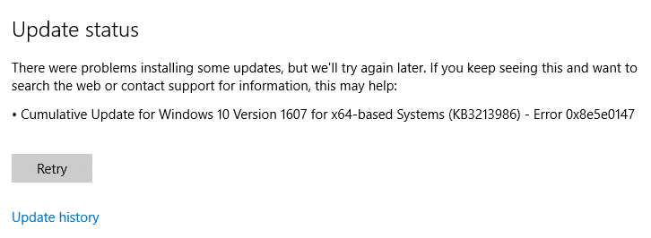 Correggi l'errore di aggiornamento di Windows 10 0x8e5e0147