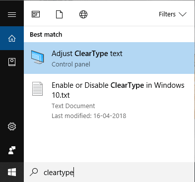 Digite cleartype na Pesquisa do Windows e clique em Ajustar texto ClearType