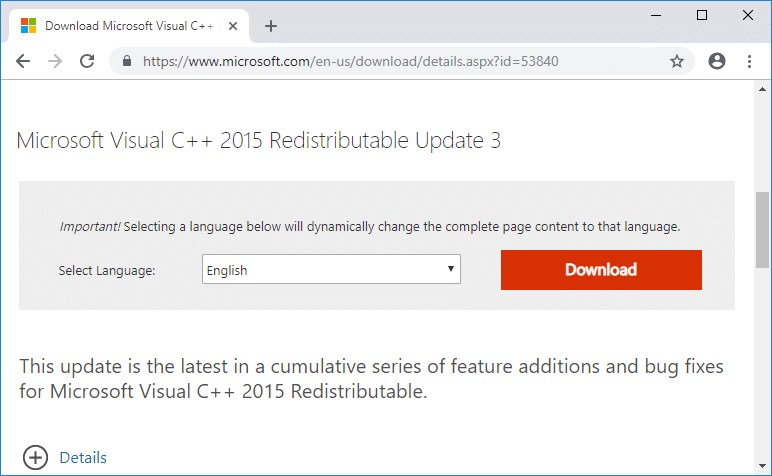 ダウンロードボタンをクリックして、Microsoft VisualC++再頒布可能パッケージをダウンロードします
