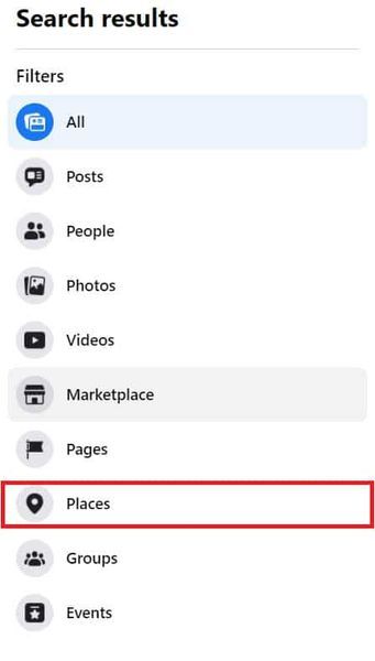 Vorm de lijst met categorieën aan de zijkant, klik op plaatsen | Geavanceerd zoeken op Facebook