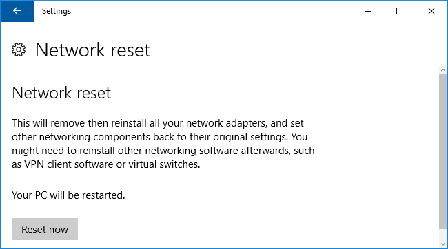 Redefinição de rede no Windows 10