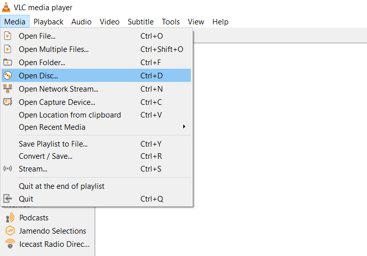 VLCプレーヤーメニューから、メディアをクリックし、ディスクを開くを選択します