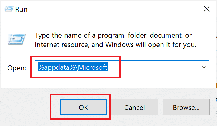 ダイアログボックスに「％AppData％Microsoft」と入力します