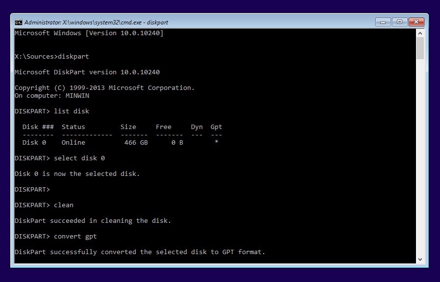 Converter MBR para GPT usando o comando Diskpart