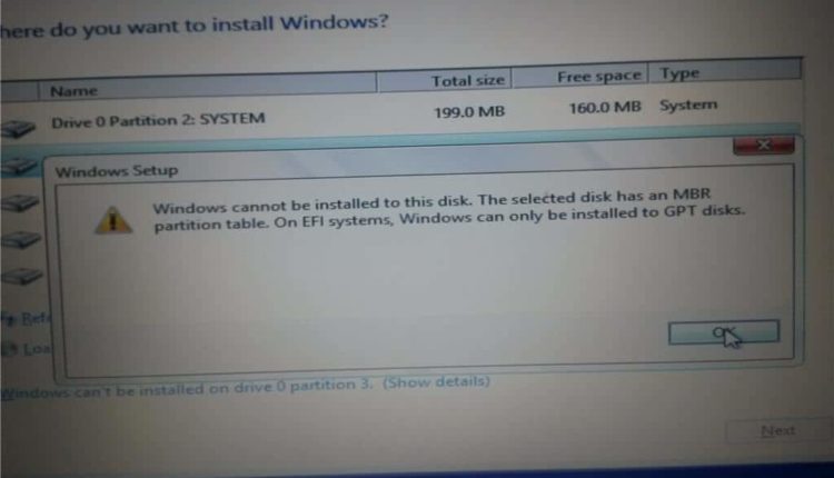 O Windows não pode ser instalado neste disco. o disco selecionado tem uma tabela de partição MBR