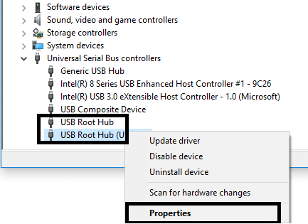 Clique com o botão direito do mouse em cada USB Root Hub e navegue até Propriedades
