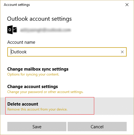 Outlook hesabı parametrlərində hesabı silə klikləyin