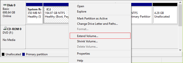 Kliknite desnim tasterom miša na sistemski disk (C) i izaberite Extend Volume