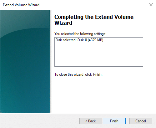 cliccate Finish in ordine per compie u Wizard Extend Volume