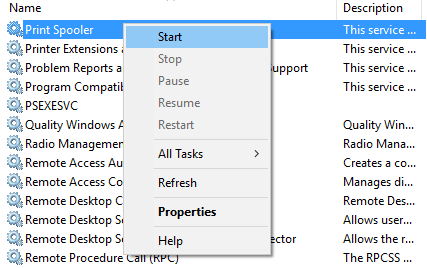 Ar peles labo pogu noklikšķiniet uz pakalpojuma Print Spooler un atlasiet Sākt | Labojiet printera spolera kļūdas operētājsistēmā Windows 10