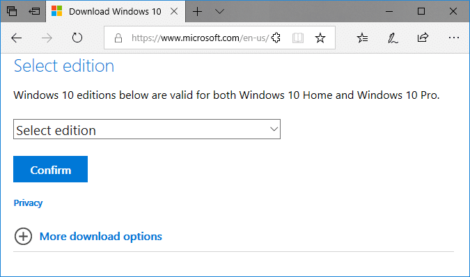 Kies in de vervolgkeuzelijst Edit edition de editie van Windows 10 die u wilt gebruiken