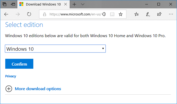 Media Yaratma Aləti olmadan rəsmi Windows 10 ISO yükləyin (Microsoft Edge istifadə edərək)