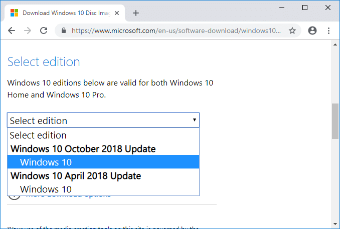 Kies in de vervolgkeuzelijst Edit edition de editie van Windows 10 die u wilt gebruiken