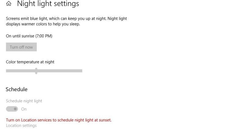Windows10ナイトライト設定がグレー表示