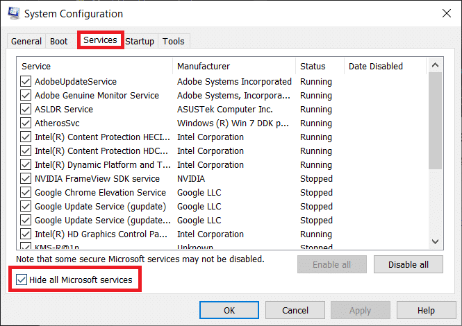 [サービス]タブに移動し、[すべてのMicrosoftサービスを非表示にする]チェックボックスをオンにします。