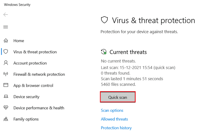 [ウイルスと脅威の保護]メニューの[クイックスキャン]をクリックします。 .NETランタイム最適化サービスの高いCPU使用率を修正する方法