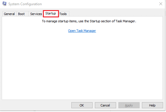 Start opnieuw het venster Systeemconfiguratie en navigeer naar het tabblad Opstarten. Hoe .NET Runtime Optimization Service te repareren Hoog CPU-gebruik