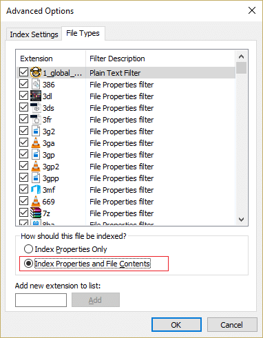 [このファイルのインデックスを作成する方法]の[インデックスのプロパティとファイルの内容]にチェックマークを付けます。