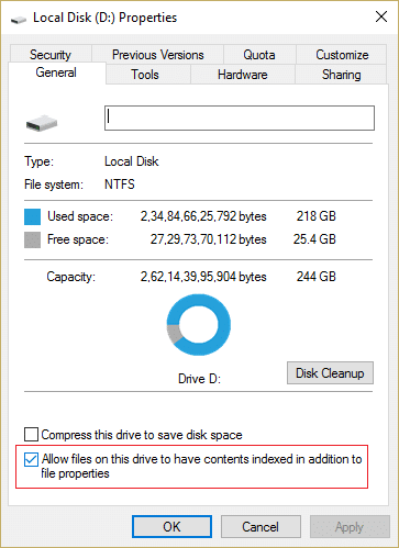 チェックマーク高速ファイル検索のために、インデックスサービスがこのディスクにインデックスを付けることを許可する