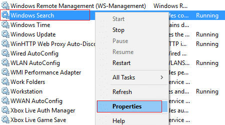 Windows Searchを右クリックして、[プロパティ]、[プロパティ]の順に選択します。 Searchindexer.exeの高いCPU使用率を修正
