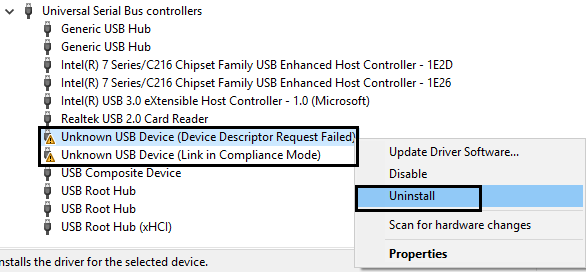 deinstaliraj nepoznati USB uređaj (Zahtjev za deskriptor uređaja nije uspio)