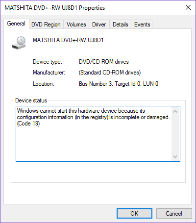 Windows10のDVD/CDRomエラーコード19を修正