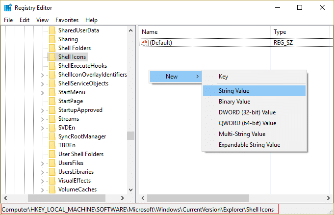 Selecione Shell Icon, clique com o botão direito do mouse e selecione New e String Value