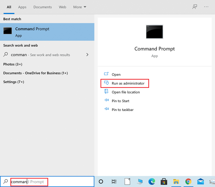 Otkucajte Command prompt u Windows traku za pretragu i Pokreni kao administrator | Popravite Windows 10 aplikacije koje ne rade