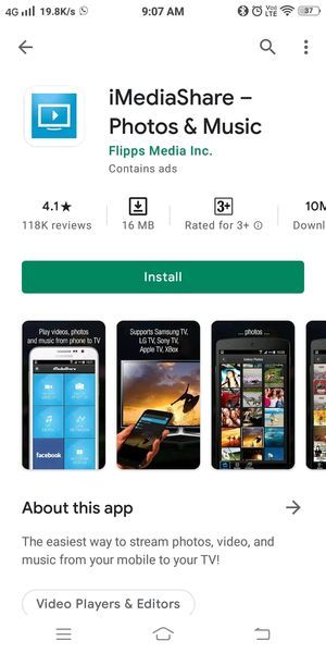 Inicie a Play Store no seu Android e instale o aplicativo iMediaShare - Fotos e Música.
