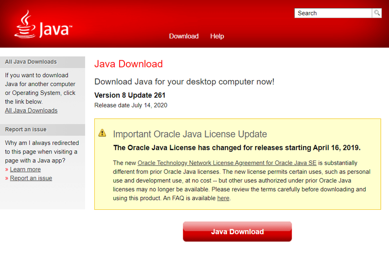 Download do Java para corrigir o erro javascript:void(0)