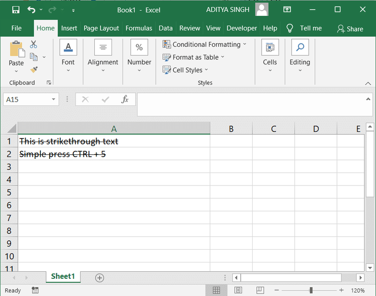 Shortcut keyboard ho an'ny Strikethrough ao amin'ny Microsoft Excel