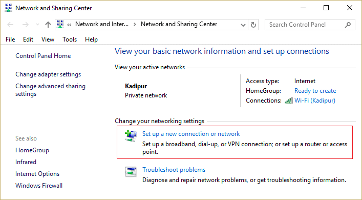 clique em configurar uma nova conexão ou rede | Corrigir o Windows não pode se conectar a este erro de rede