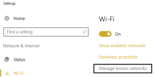 fai clic su Gestisci reti conosciute nelle impostazioni Wi-Fi