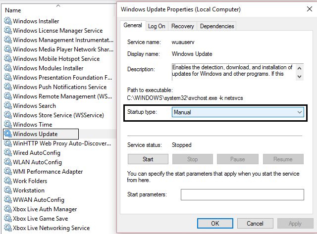 imposta il tipo di avvio di Windows Update su manuale